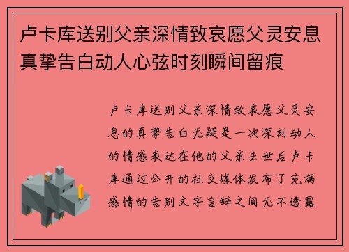 卢卡库送别父亲深情致哀愿父灵安息真挚告白动人心弦时刻瞬间留痕